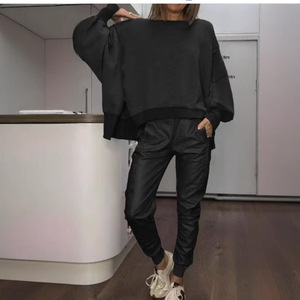 ชุด2ชิ้นกางเกงทรงหลวมลำลองคอกลมผ่าข้างสำหรับผู้หญิง - Product Image 3