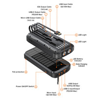 Power Bank Tenaga Surya Plastik Baterai Li-Polymer 20000mAh dengan Kabel Tipe-C 4 Buah Terintegrasi, Pengisian Cepat PD22.5W & Lampu LED