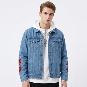Veste en jean pour homme à capuche, décontractée, bleu clair, broderie florale, coton lavé, col rabattu, coupe classique, style automne - Product Image 1