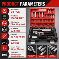 94pcs Jeu de clés à cliquet en métal durable Kit d'outils de réparation automobile multifonctionnel avec étui rigide OEM Outils à main Utilisation sur véhicule