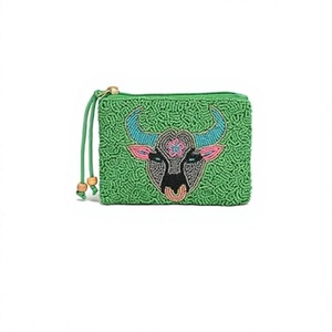Beaded Green <b>Coin</b> <b>Purse</b> With Bull Embroidery Zipper Closure Bohemian Style Unisex Mini Size - Product Image 1