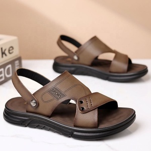 Men's Summer Open Toe Slides Casual Sandals Rubber Outsole EVA Midsole PU Lining <b>Slip</b>-<b>On</b> Comfort Genuine Leather Upper Leopard - Product Image 2