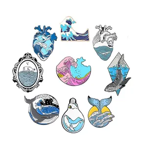 Ocean Wave Brooches Wave Lapel Pins Organ Heart Light Bulb Whale Sun pin Badges Blue Wave Enamel Pins Collection Wholesale