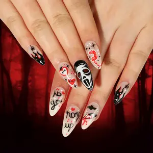 Desgaste unha ponta manicure Halloween preto chama francês preto aranha vermelho amor crânio rosto terminou beleza do prego