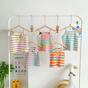 Camisetas sin mangas de algodón para niñas de menos de 4 años, <span class=keywords><strong>chaleco</strong></span> camisero fino a rayas de arcoíris de verano con flores y fresas - Product Image 1