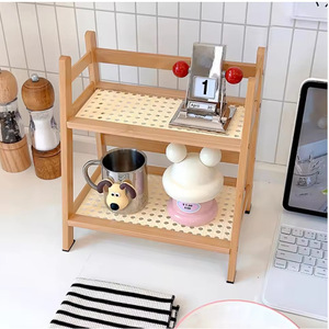 Bamboo Double Layer <b>Desktop</b> Storage Rack Rectangle Standing Type 2 Tier Desk Organizer Neatening Storage Simple Style - Product Image 4