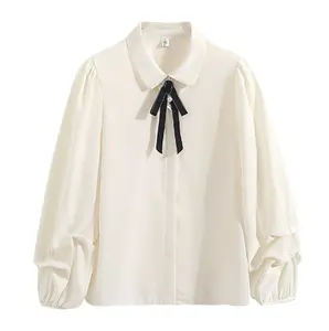 Ladies Spring Summer Beige chiffon Turn-down collar blouse with bow shirts street wear shirts