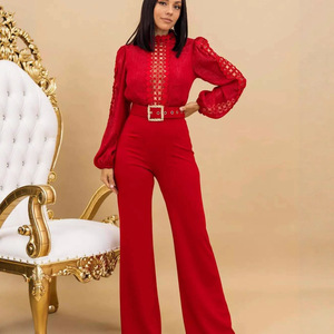 AJ4491 Fornitura Transfrontaliera <span class=keywords><strong>di</strong></span> Abbigliamento Femminile Europeo e Americano, Elegante Tuta con Pantaloni a Gamba Larga Personalizzata con Inserti in <span class=keywords><strong>Pizzo</strong></span> e Lacci - Product Image 1