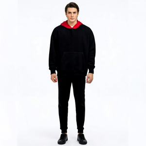 Mens Black Hooded Sweatshirt Oversized Fit Cotton French Terry Pullover with Kangaroo Pocket Casual Long Sleeve Autumn Wear - Product Image 1