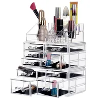Caixa de armazenamento de maquiagem acrílica de injeção transparente, 2 tipos de gavetas combinadas + prateleira empilhável para batom