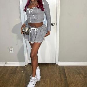 Latest Hooded Long Sleeve Lace <b>Patchwork</b> Mini Sports Pleated <b>Skirt</b> Women Sets Fashion - Product Image 3