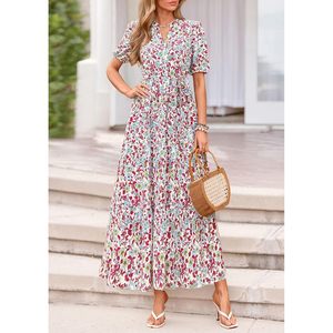 Robe longue d'été pour femme, style bohème, à fleurs, manches courtes, col en V, coupe trapèze, tenue décontractée pour la plage et les vacances - Product Image 5