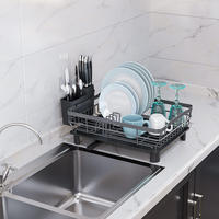 Escurridor de Platos Compacto para Encimera con Bandeja de Drenaje, Escurridor de Cocina Negro para Platos, Tazas, Cuchillos y Cubiertos