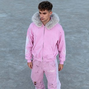2025 Trending Streetwear Zip up Cropped Flared Sweatpants and Hoodie <strong>Tracksuit</strong> Sets Custom Printed Fur Collar Sweatsuit - Product Image 2