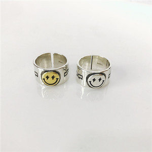 Smiley Face Thai <b>Silver</b> <b>Ring</b> <b>925</b> Sterling <b>Silver</b> Unisex Punk Style Jewelry Gift For Pinky Finger Stacking <b>Rings</b> - Product Image 1