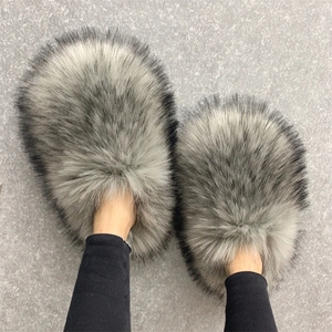 Luxe fourrure pantoufles femmes bout ouvert fourrure de raton laveur diapositives <span class=keywords><strong>femme</strong></span> chaussures femmes plat demi pantoufles Woo pointes - Product Image 5