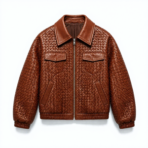 Blouson aviateur en cuir PU marron pour homme, col rabattu, fermeture éclair, décontracté, coupe-vent, motif tissé gaufré, automne - Product Image 1