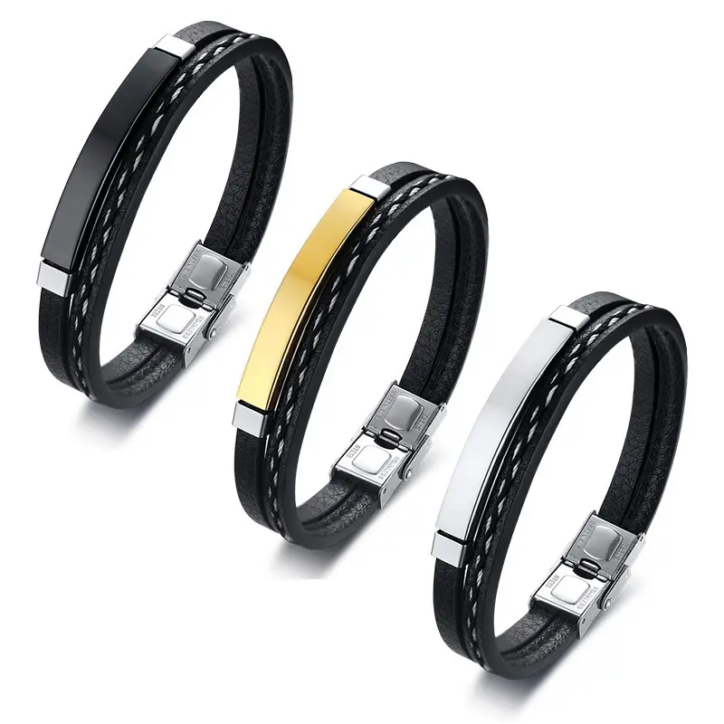 Customized Bracelets Personalized Custom Couple Name Stainless Steel Leather Bracelets Logo Gold Plated Minimalist Chain Bangle