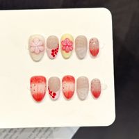 Faux ongles à presser personnalisables en acrylique, motif fleur de cerisier printanière, breloques florales 3D, rose nude, courts, forme amande, vente en gros