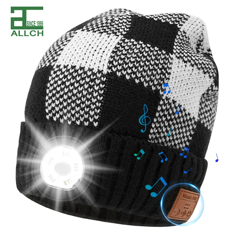 ALLCH Beanie Hat with Light Mens Stuffers LED Headlamp Lighted Hats Cap for Women Dad Teens Multi-function Bluetooth cap