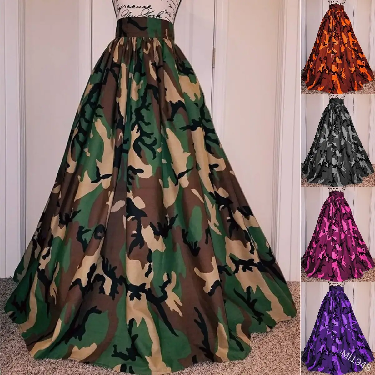 Camouflage Plus Size Floor-Length Skirts Women 2023 Printed A Line Skirts Girls High Waist Long Skirts