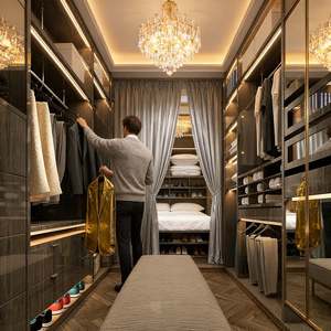 BALOM Italian Luxury Walk in Closet Wardrobe Dark Wood Grain Glass Door with LED <b>Light</b> Modern Bedroom Custom Storage System - Product Image 6