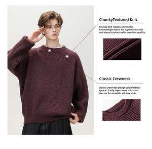 Chunky Knit Breathable Unisex <b>Crewneck</b> <b>Sweater</b> Anti-Wrinkle Anti-Pilling Textured Solid Color Pullover Front Logo 100% Polyester - Product Image 5