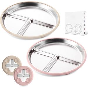 Assiettes pour tout-petits en acier inoxydable 304, <span class=keywords><strong>vaisselle</strong></span> en silicone, base à ventouse antidérapante, résistante à <span class=keywords><strong>la</strong></span> chaleur, plateau de sevrage divisé pour enfants - Product Image 3