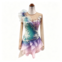Tenue de patinage artistique 3D à motifs floraux dégradés vert, violet et rose, avec strass et volants multicouches, robe de performance pour patinage