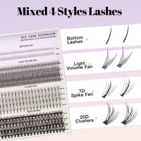 Kit de Cils en Grappes 4 Styles Mixtes avec Colle et Scellant 5ml, Applicateur Plateau Rose, OEM ODM Étiquette Personnalisée, Fournisseur en Gros, Distributeur de Cils