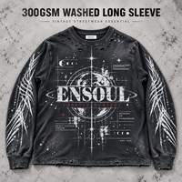 T-shirt Homme Personnalisé Vintage Délavé Effet Usé Manches Longues Imprimé Trous Déchirés Col Rond Coton Épais Coupe Oversize Streetwear