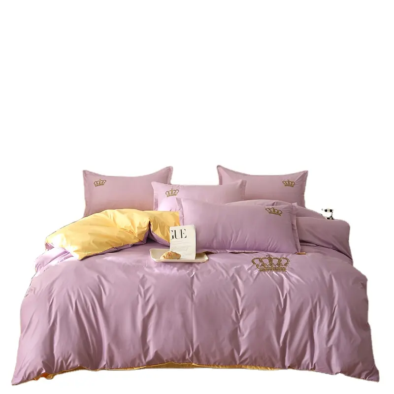 2023 New Arrival Tencel Woolen Embroidery Series Four-piece Set Bed Sheet Quilt Cover Kit Light Luxury Purple