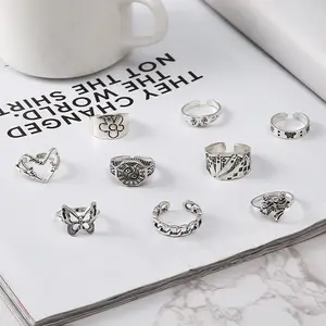 9Pcs/Set 2024 Hot Selling Fashion Jewelry Sliver Rings Set For Women Wholesale Vintage Playing Card Hollow Heart Ring