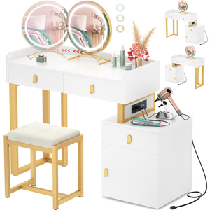 Moderno Espejo <span class=keywords><strong>de</strong></span> Maquillaje Multifuncional <span class=keywords><strong>de</strong></span> Madera con Luz LED Ajustable, Ecológico, con 3 Espacios <span class=keywords><strong>de</strong></span> Almacenamiento, para Baño o Comedor - Product Image 1