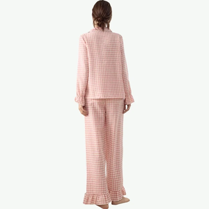 Pink Gingham Ruffle Cotton Pajamas Custom <b>Women's</b> Bamboo Sleepwear Ladies Pj Modal <b>Set</b> OEM ODM Wholesale Manufacturer - Product Image 4