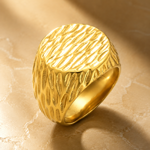 Trendy Minimalist Statement Hammered Geometric Signet <b>Ring</b> 18K Gold Plated Stainless Steel Wide <b>Chunky</b> Textured Band Unisex - Product Image 1