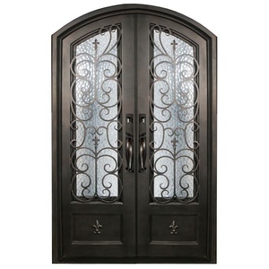Porte extérieure en <span class=keywords><strong>fer</strong></span> <span class=keywords><strong>forgé</strong></span> noir antique à double battant, avec motif floral décoratif, à rupture de pont thermique, en vente - Product Image 3