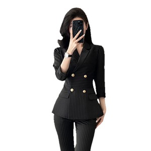 Women's Pinstripe Suit Jacket Three Quarter Sleeve Double Breasted Business Formal Spring Wear Anti-Wrinkle Worsted Fabric - Product Image 5