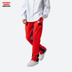 Pantalon de jogging ample et épais pour homme, style streetwear, avec patchs appliqués, coupe évasée, vintage, droit, rouge, baggy - Product Image 1
