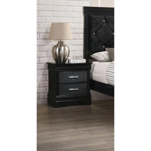 Modern Glam Two <b>Drawer</b> Nightstand Black Solid Wood Crystal Button Tufted <b>Storage</b> <b>Drawers</b> - Product Image 2