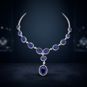 Classic Blue CZ Rhodium Plated Brass Luxury Bridal <b>Statement</b> <b>Necklace</b> - Product Image 3