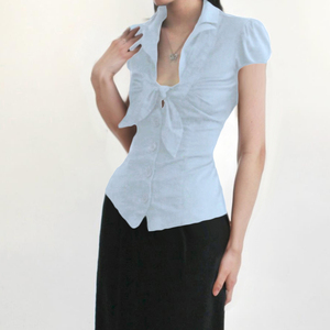 Chemise à manches courtes rétro à nœud papillon et à lacets, cintrée à la taille, style royal, polyvalente, amincissante - Product Image 6