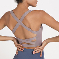 Soutien-gorge de sport athlétique pour femme, effet seconde peau, coupe longue, bretelles croisées, rembourré, couleur unie, pour l'entraînement, la gym, le yoga et la course
