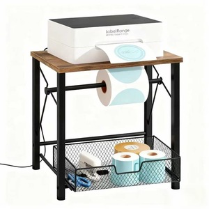 Soporte de impresora de oficina personalizado con superficie de madera, marco de metal, estante de 2 niveles para almacenamiento de impresoras de etiquetas, organizador de escritorio. - Product Image 1