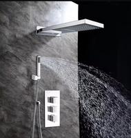 Système de douche thermostatique 3 fonctions avec pommeau de douche cascade et pluie, et douchette à main, ensemble robinetterie de douche