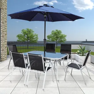 Set da giardino per esterni Set da pranzo per Patio esterno da 7 pezzi 1 tavolo e 6 sedie impilabili flessibili con ombrellone