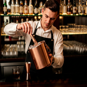 Handmade Copper Ice <b>Bucket</b> Set <b>with</b> <b>Lid</b> Tongs and Double Jigger Barware Beverage Chiller for Home Bar Cocktail Parties - Product Image 4