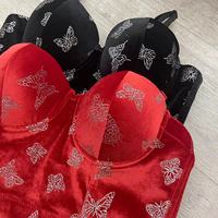 Top bustier court en velours vintage pour femmes, imprimé papillon argenté brillant, bretelles amovibles et réglables, veste pour femmes