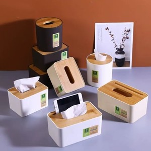 Simple Creative <b>Desktop</b> Tissue Box With Wooden Lid Multi Purpose Waterproof Home Office Use White <b>Wood</b> Grain Black Khaki - Product Image 1