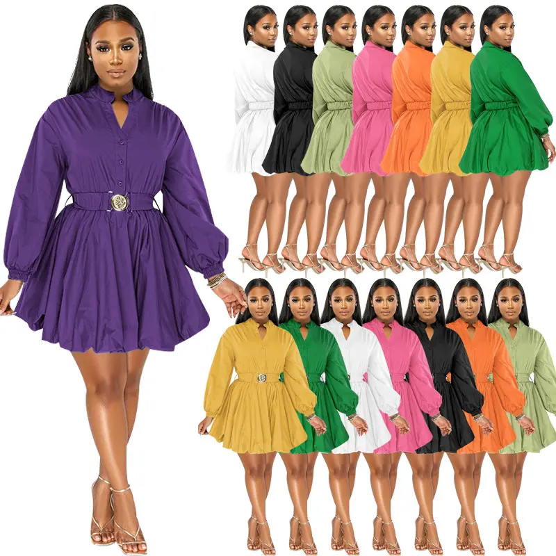 PR166 Women's Long Sleeve Waist Collection Mini Solid Color Long Sleeve Loose Collect Waist Dress